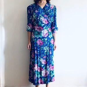 Vintage Floral Spring Dress Blue Pink Rayon 4/6